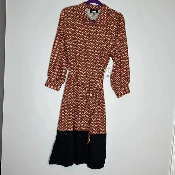 New Alexia Admor Dress 3/4 Sleeve Button Front S Geometric Belted - Picture 3 of 12